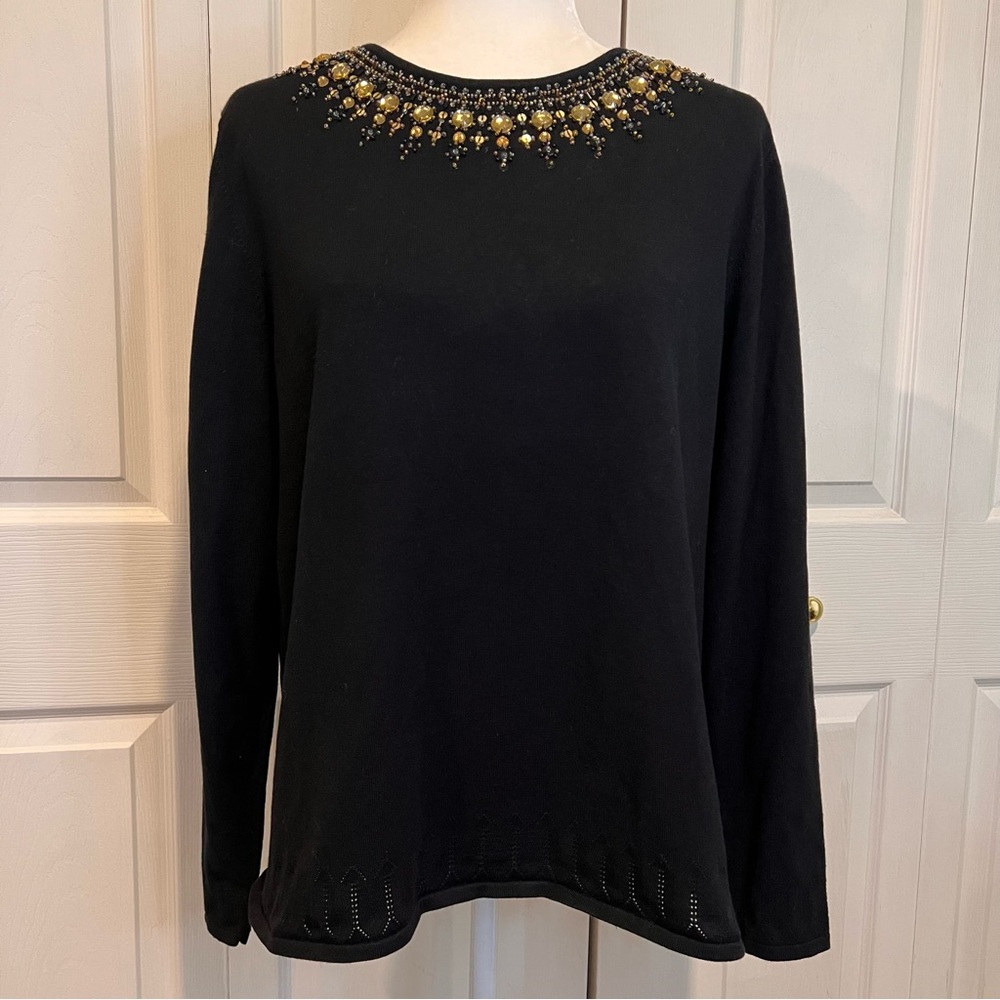 🍋 Alfred Dunner Black Sweater with Beaded Neckline - Size Large